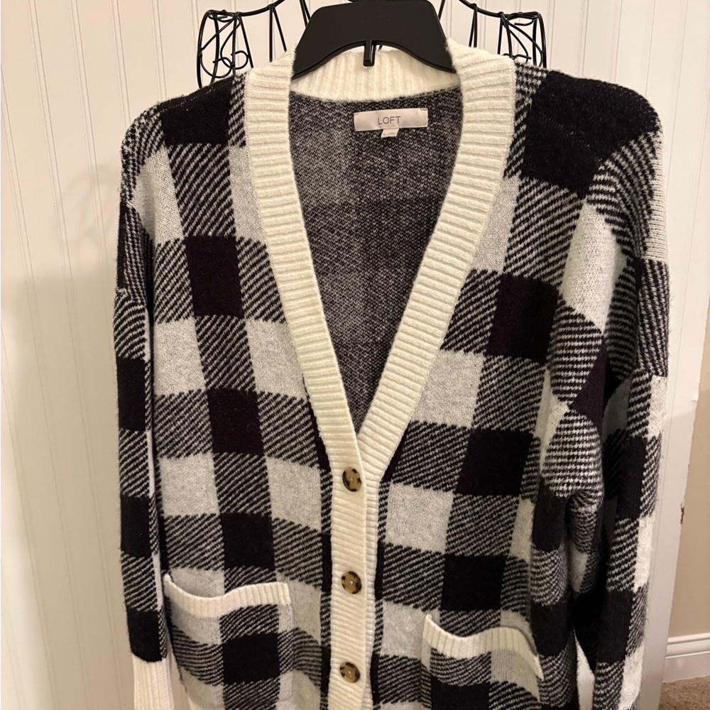 LOFT Black and White Plaid Cardigan